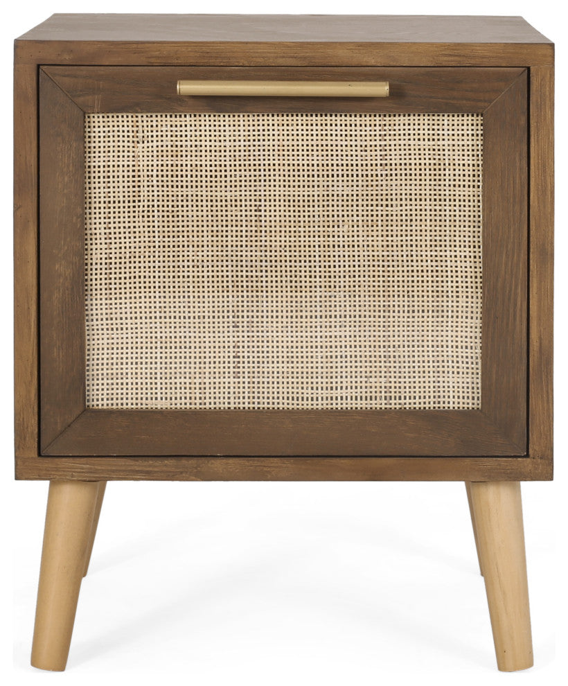 Pilster Contemporary End Table with Storage, Walnut, Natural, and Antique Gold