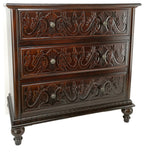 32" Classic Wood Dresser Chest, 3 Drawers, Floral Carving, Brass, Brown