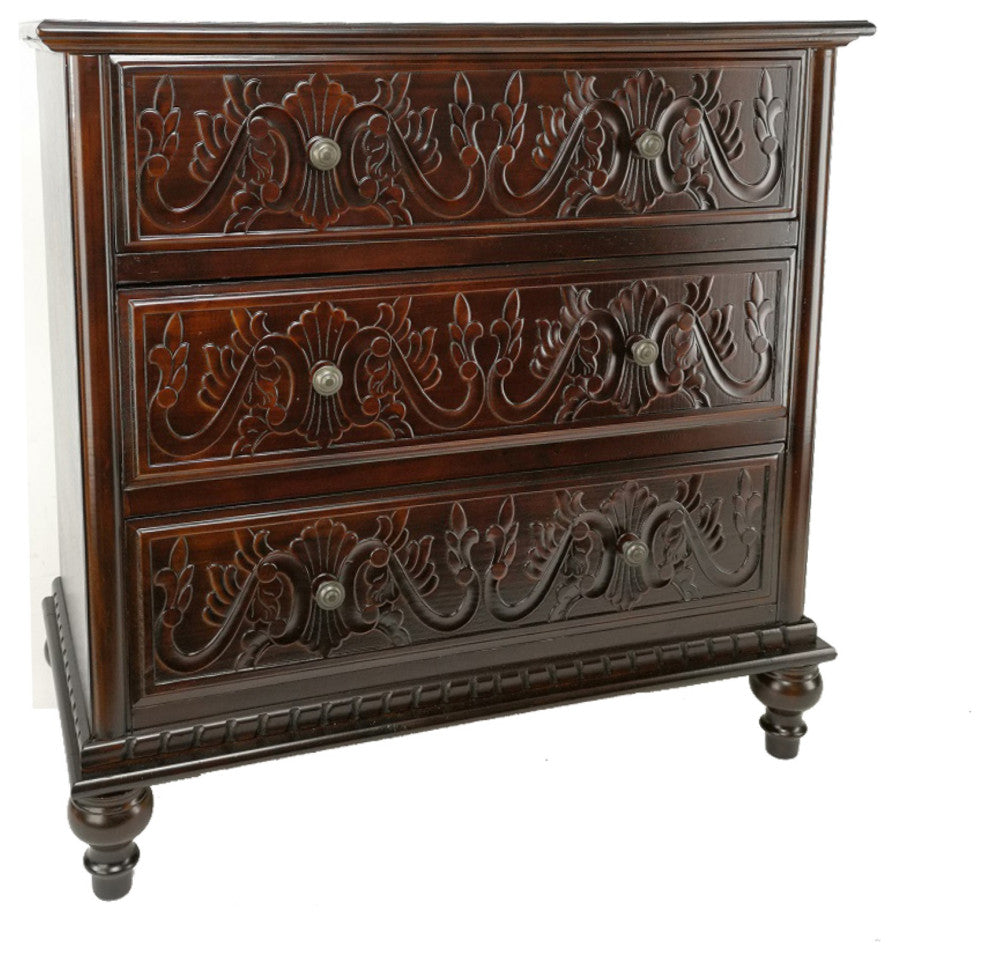 32" Classic Wood Dresser Chest, 3 Drawers, Floral Carving, Brass, Brown