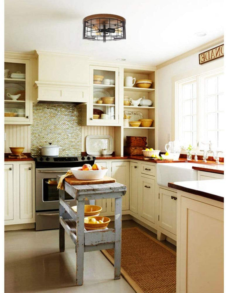 Wood Farmhouse Flush Mount Ceiling Light 2 light rust cage ceiling lamp
