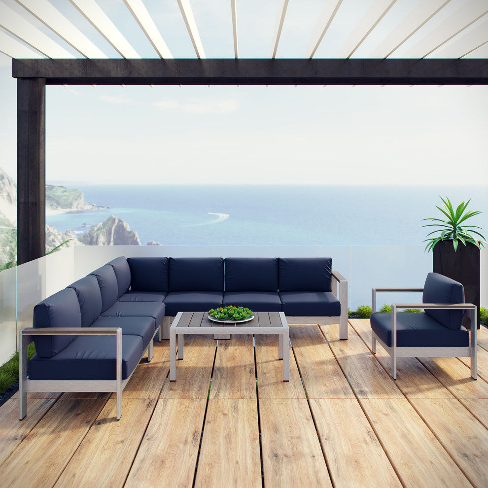 Silver Navy Shore 7 Piece Outdoor Patio Aluminum Sectional Sofa Set