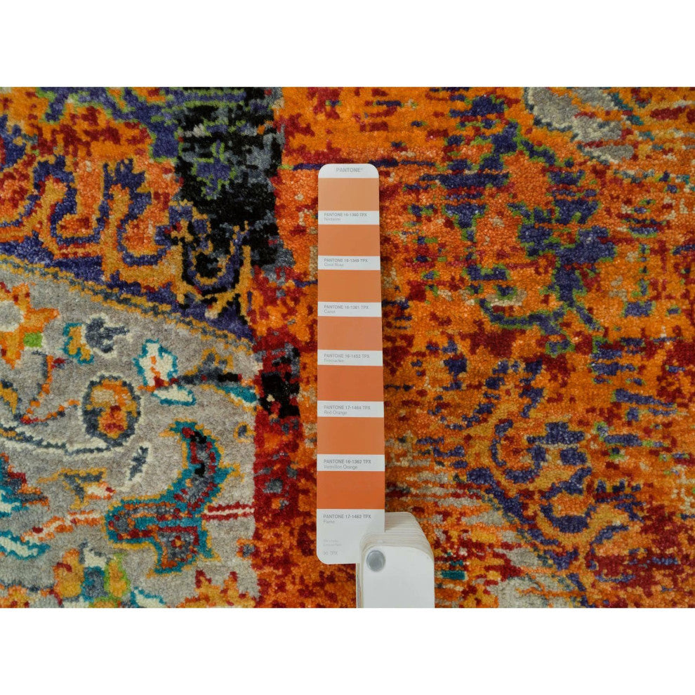 Orange, Ancient Ottoman Erased Design, Wool, Hand Knotted Round Rug, 6'1"x6'1"