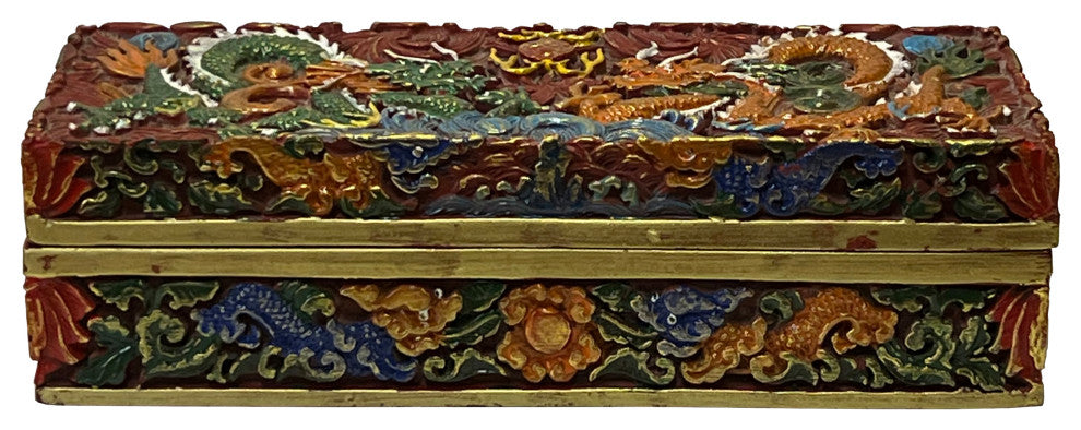 Chinese Mix Color Red Resin Lacquer Dragons Box Display Art Hws2552