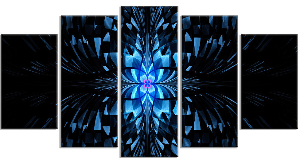 Blue Butterfly Pattern on Black, Contemporary Art on Canvas, 60"x32", 5 Panels