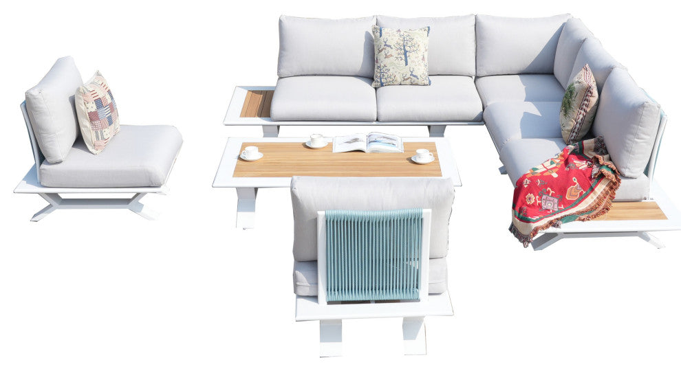 6 Piece Patio Aluminum Open Tube Sofa Set With Coffee Table, White