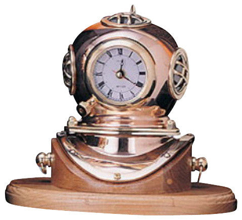 Polished Brass Quartz Dive Helmet Clock With Lacquer Coating and Oak Base