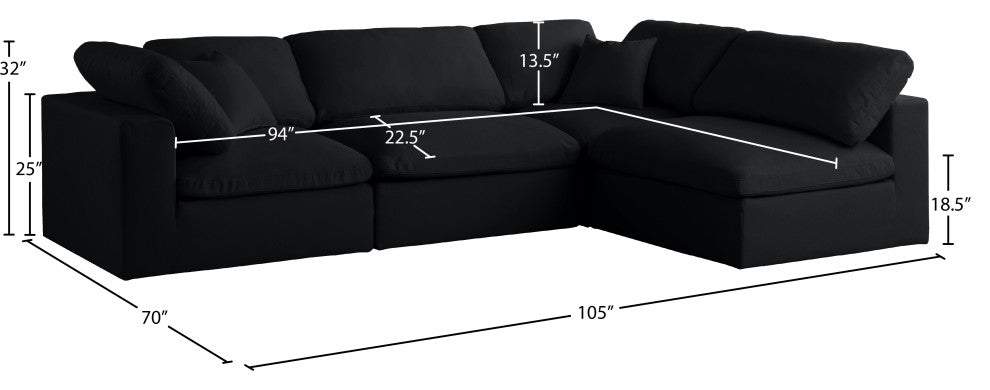 Plush Velvet / Down Standard Comfort L-Shaped Modular Sectional, Black, 4-Piece: 2 Armless Chair, 2 Corner Chair