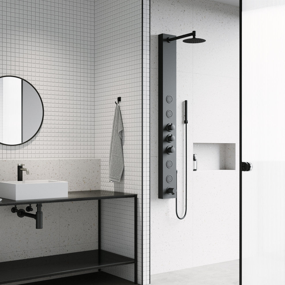 Bowery 59" H x 6" W 4-Jet Shower Panel with Round Shower Head and Tub Filler, Matte Black