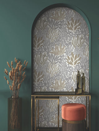 Coral Leaves Taupe and Black Wallpaper