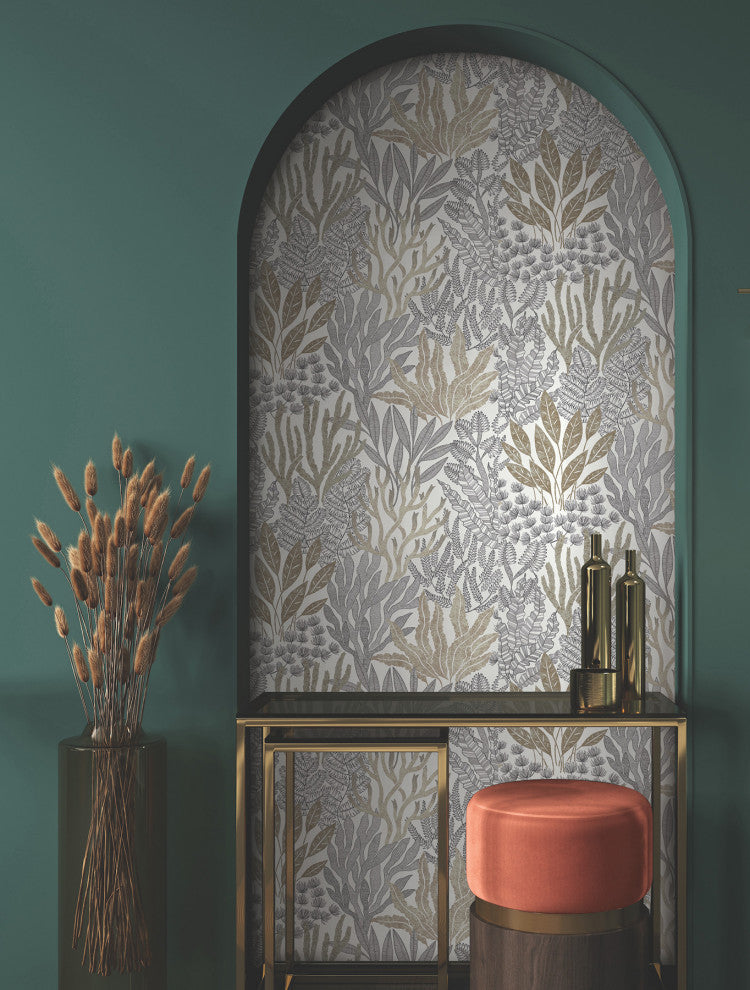 Coral Leaves Taupe and Black Wallpaper