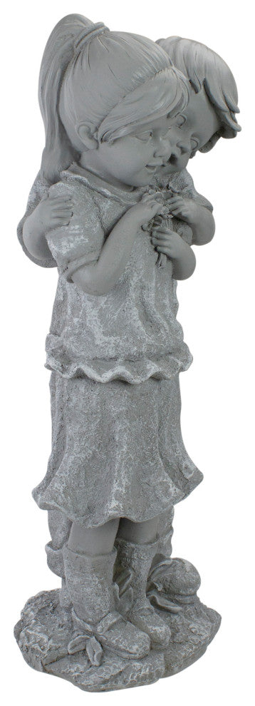 19.5" Gray Boy Hugging Girl Outdoor Garden Statue