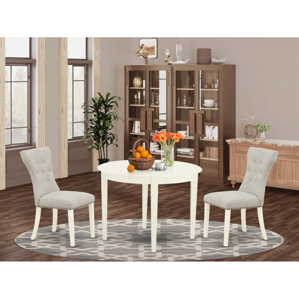 3Pc Dinette Set, Round Table, 2 Kitchen Chairs, Linen White