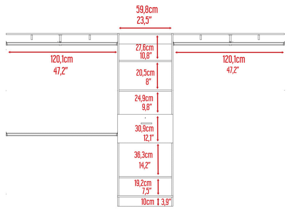 Broncos Closet with 3 Rods, 5 Shelves, and Drawer, Dark Walnut