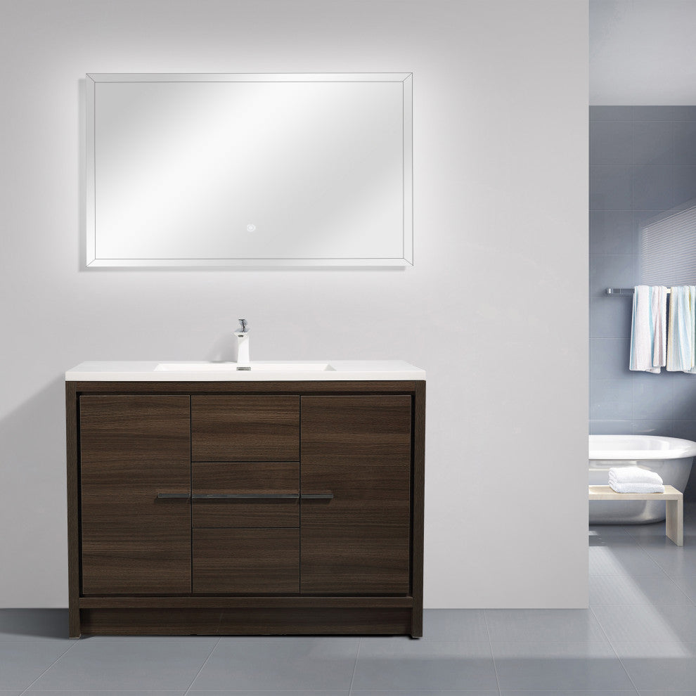 Freestanding Bath Vanity Set, Grey Oak, Integrated Solid Surface Sink, 48"