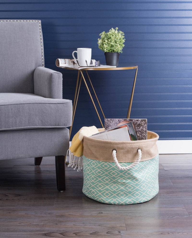 Burlap Bin Diamond Aqua Round Small 9"x12"x12"