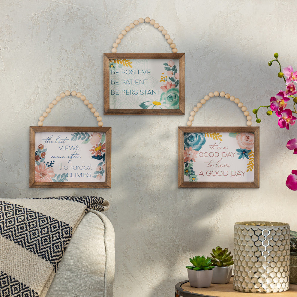 Set of 3, 7.88" Inspirational Wood Wall Art, Beaded Hanging Handles