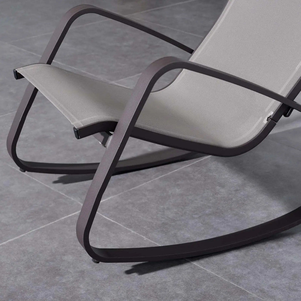 Modern Outdoor Rocking Chair, Aluminum Frame With Curved Sling Mesh Seat, Espresso
