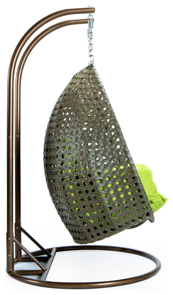 2 Person Beige Wicker Double Hanging Egg Swing Chair, Light Green