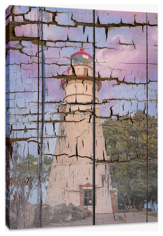 Faux Wood Texture Marblehead Lighthouse at Sunset Canvas Prints, 24" X 36"