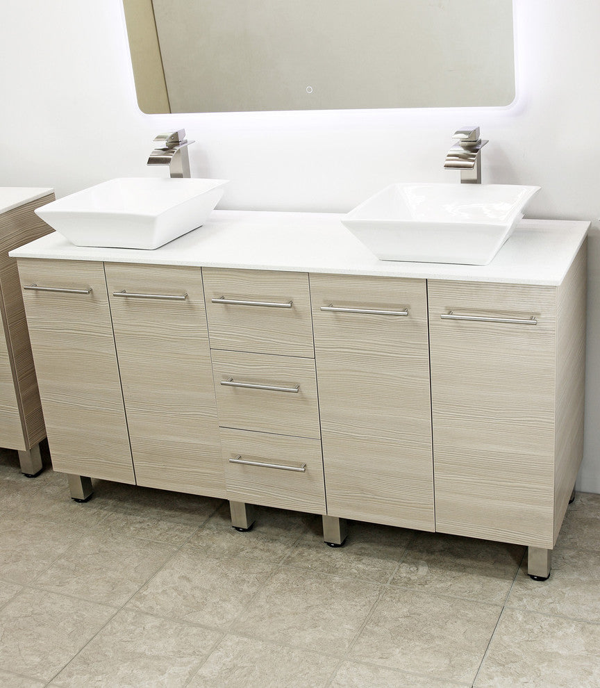 Windbay 60" Free Standing Double Vanity, Tan, White Stone Flat Countertop