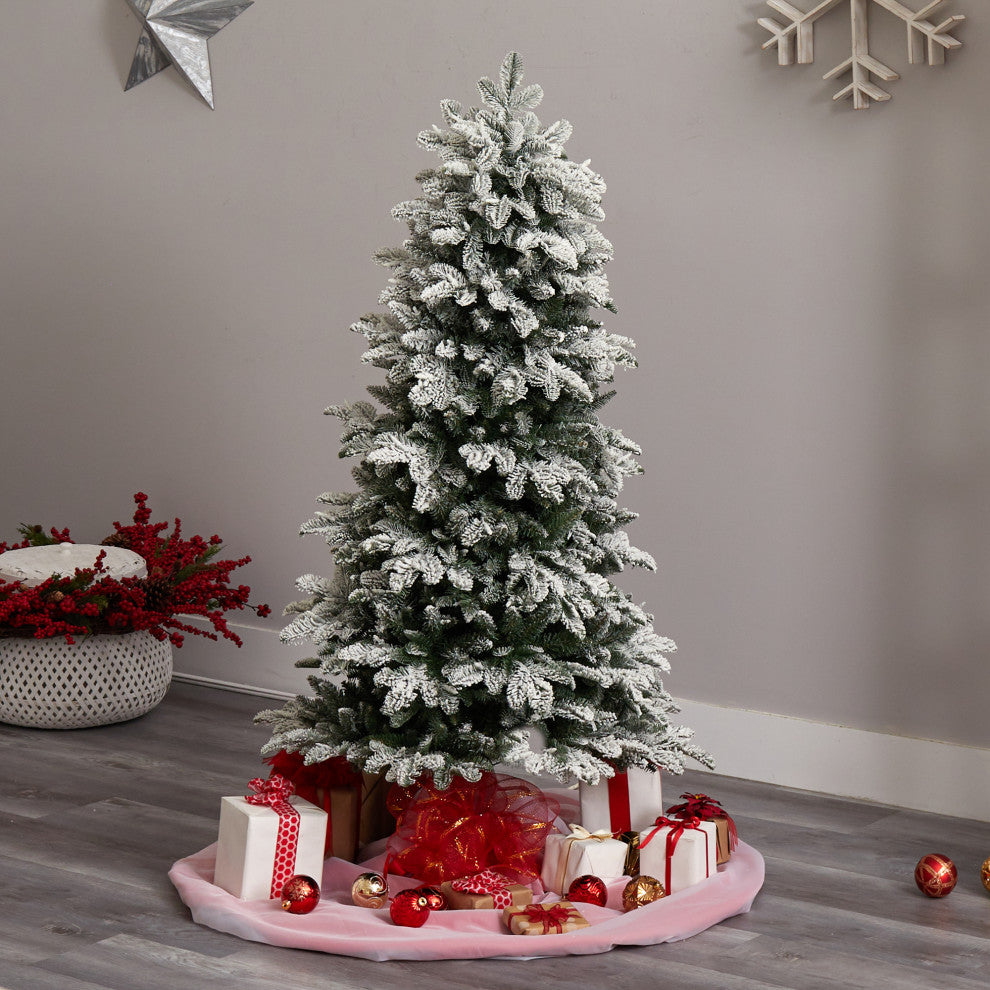 5' Flocked North Carolina Fir Faux Xmas Tree W/White Lights & Bendable Branches