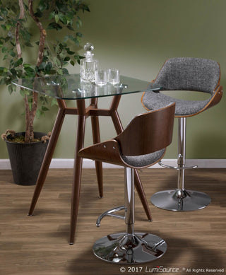 Fabrizzi Adjustable Barstool, Set of 2, Chrome, Walnut Wood, Gray Falseise