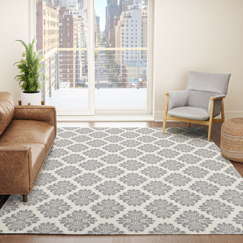 Avenie Neutral Damask Flourish Area Rug