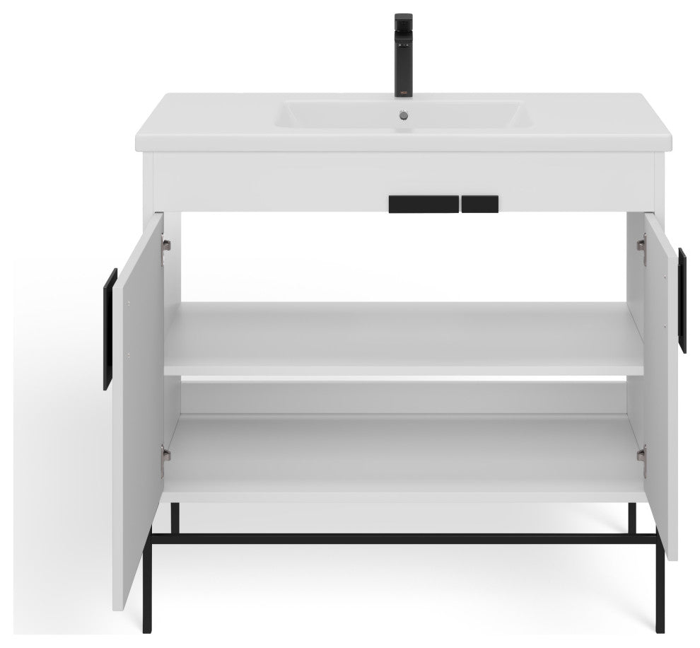 Lockhart Bath Vanity, White, 36", Black Hardware, Single Sink, Freestanding