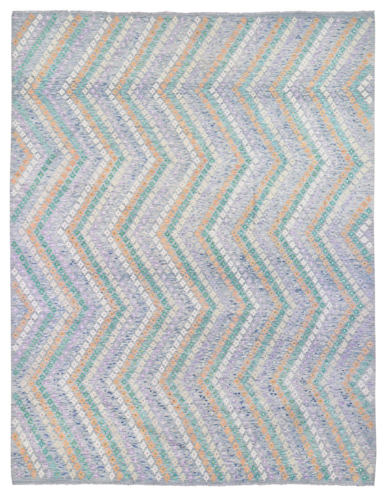 Gray Afghan Kilim with Geometric Design Pure Wool Hand Knotted Rug 10'3" x 13'5"
