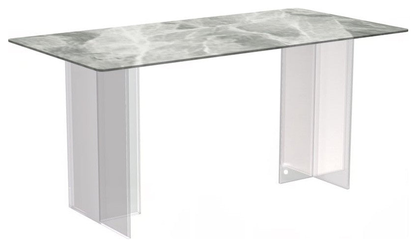 Kova Series Dining Table, Clear Base with 62 Light Grey Sintered Stone Top