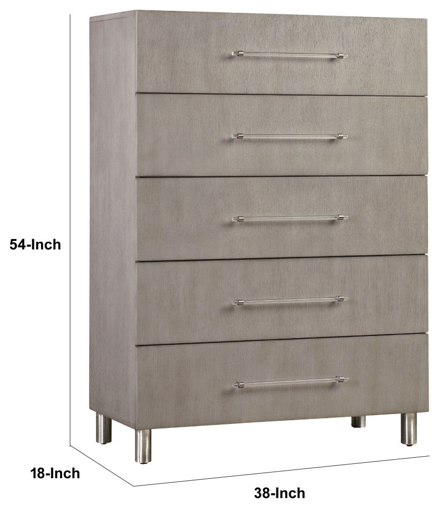 Benzara BM273045 54" Wood 5 Drawer Tall Chest Dresser With Clear Handles, Gray
