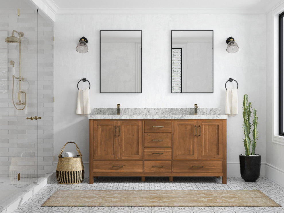 Malibu Teak 72 Double Sink Bath Vanity in Golden Teak 2" Carrara Marble