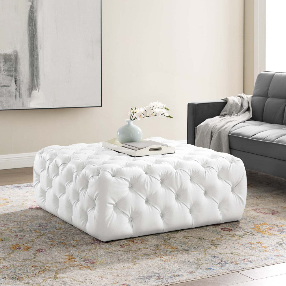 Tufted Accent Chair Ottoman, Square, Faux Leather, White, Modern, Lounge