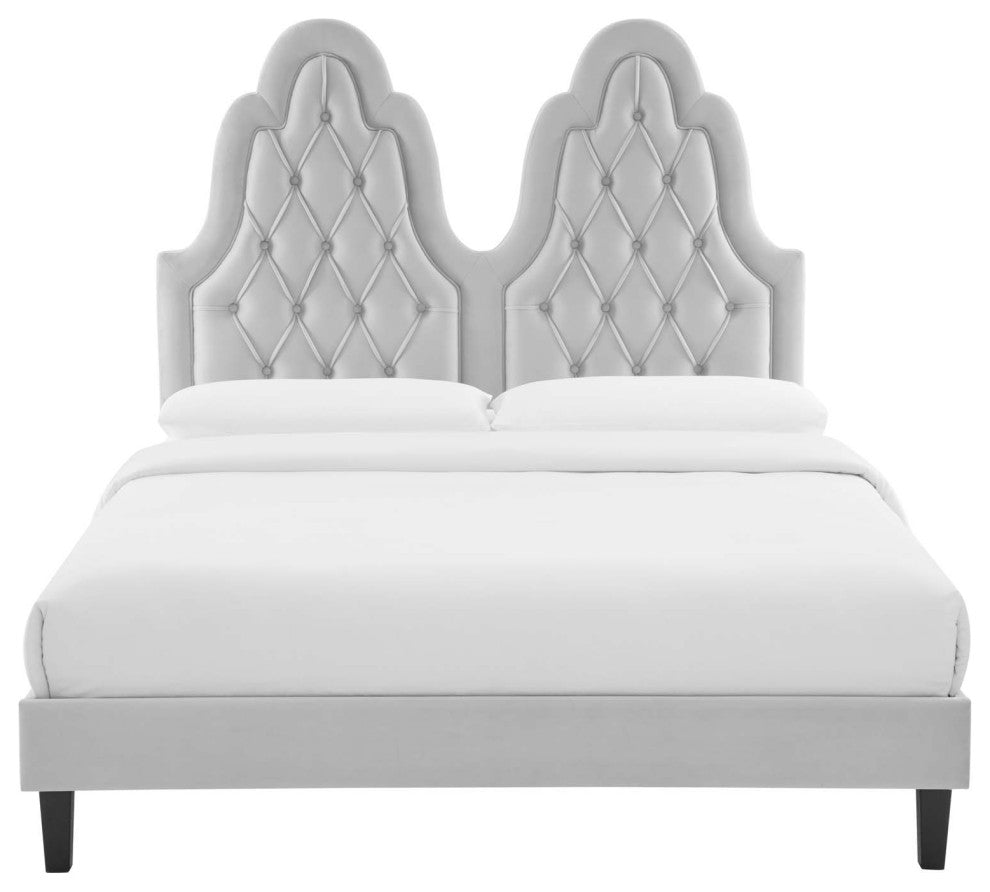 Tufted Platform Bed Frame, Full Size, Velvet, Gray, Modern Contemporary