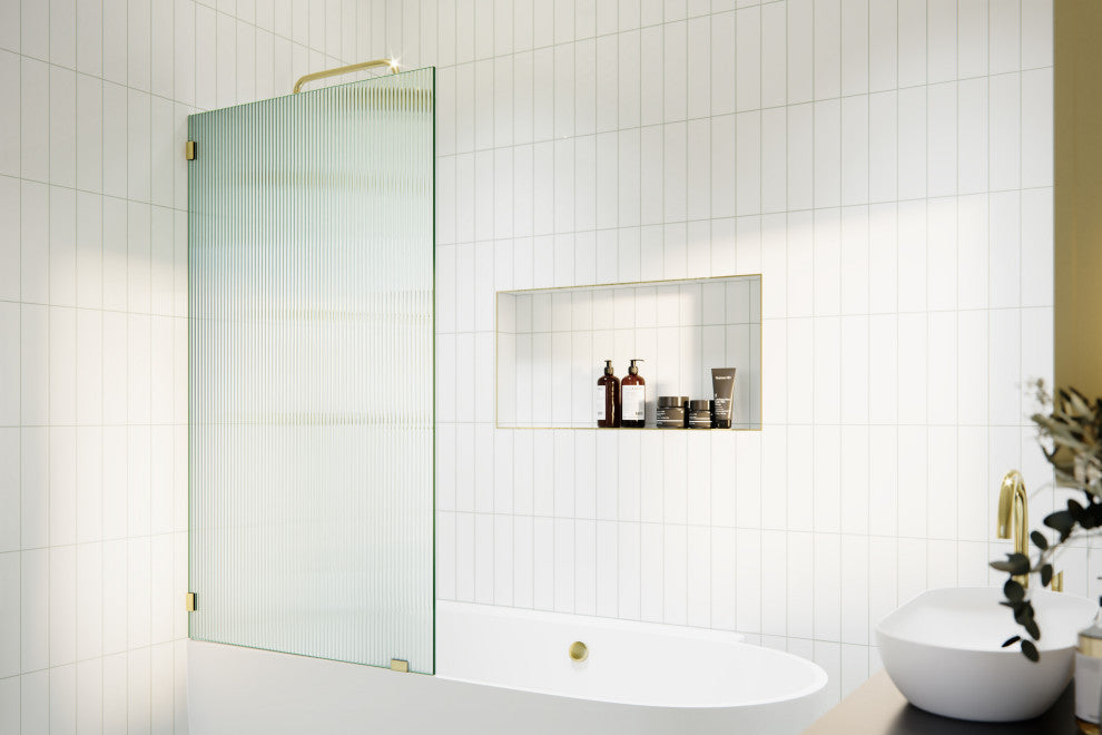 30"x58.25" Single Fixed Fluted Bath Panel Shower Tub Door, Polished Brass