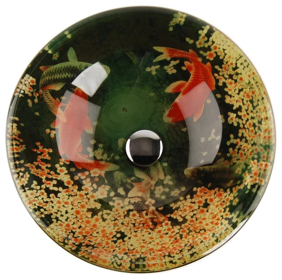 Koi and Lily Pond Glass Vessel Bathroom Sink