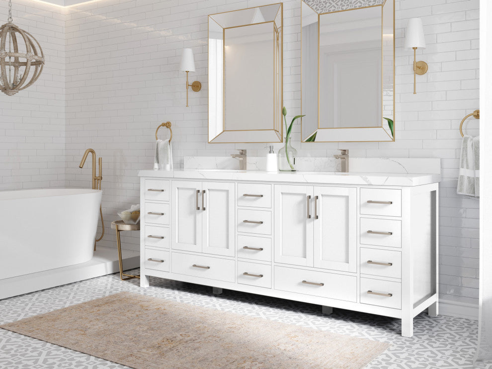 Malibu 84 Double Sink Bath Vanity in White  2" Carrara Quartz