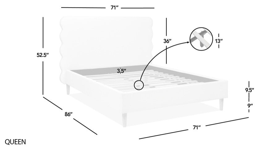 Stockholm Modern Wavy Headboard Platform Bed, Antique White Polyester, Queen