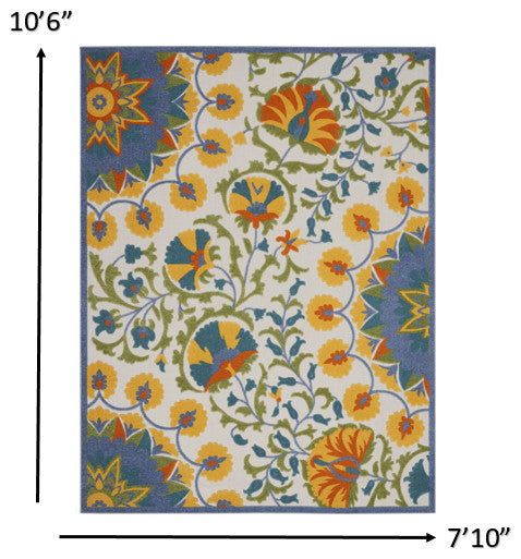 8' X 11' Ivory And Blue Floral Stain Resistant Indoor Outdoor Area Rug
