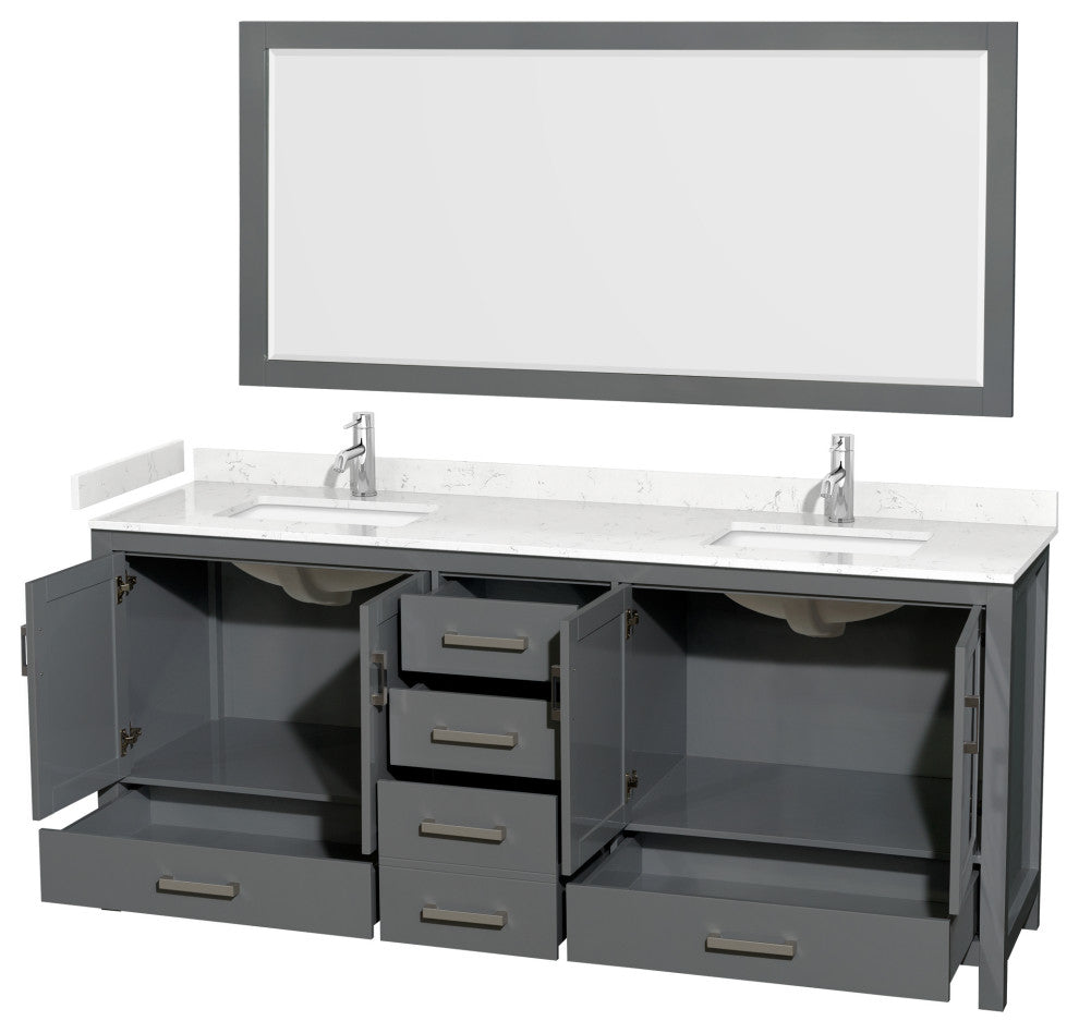 80"DBL Vanity Dark Gray, Carrara Cult. Marble Countertop, Sinks, 70"Mirror