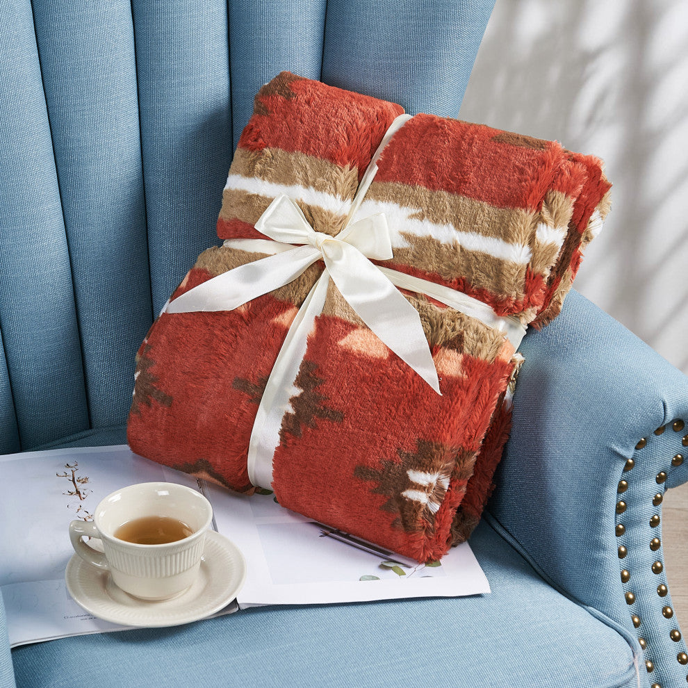 Southwest Faux Fur & Sherpa Backing Throw Blanket, Brick Red, 50" X 60"