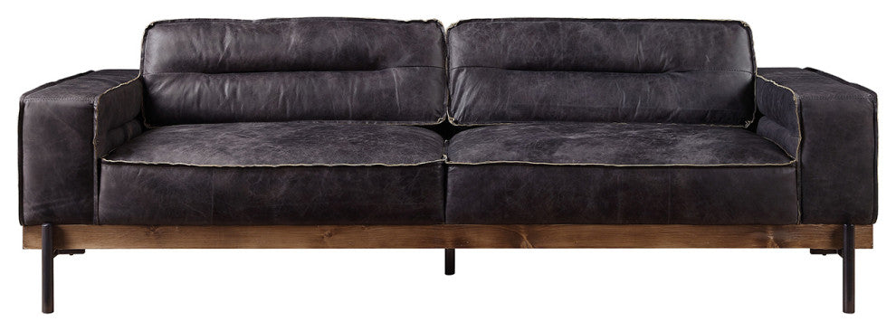 Top Grain Leather Sofa with Metal Legs in Antique Ebony