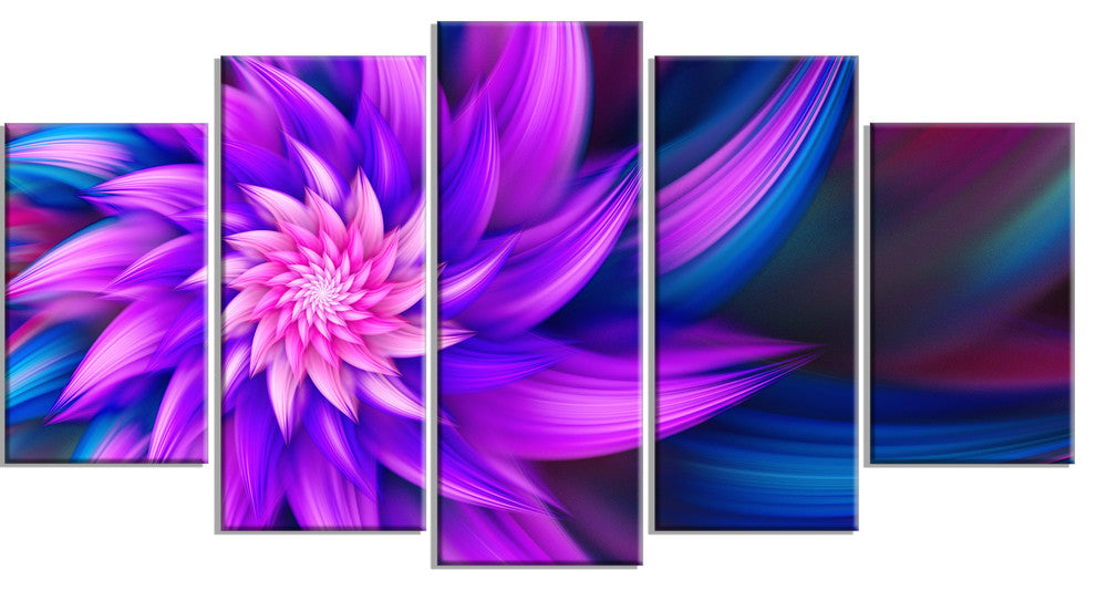 Huge Purple Fractal Flower, Large Floral Canvas Art Print, 60"x32", 5 Panels