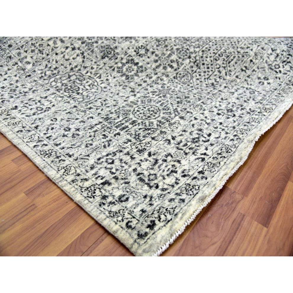 Ghost White Hand Knotted Mamluk Dynasty Design Undyed 100% Wool Rug 6'1"x9'3"