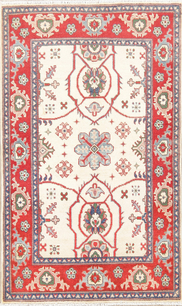 Kazak Oriental Traditional Area Rug Hand Made Pakistani, Beige, 4'11"x3'3
