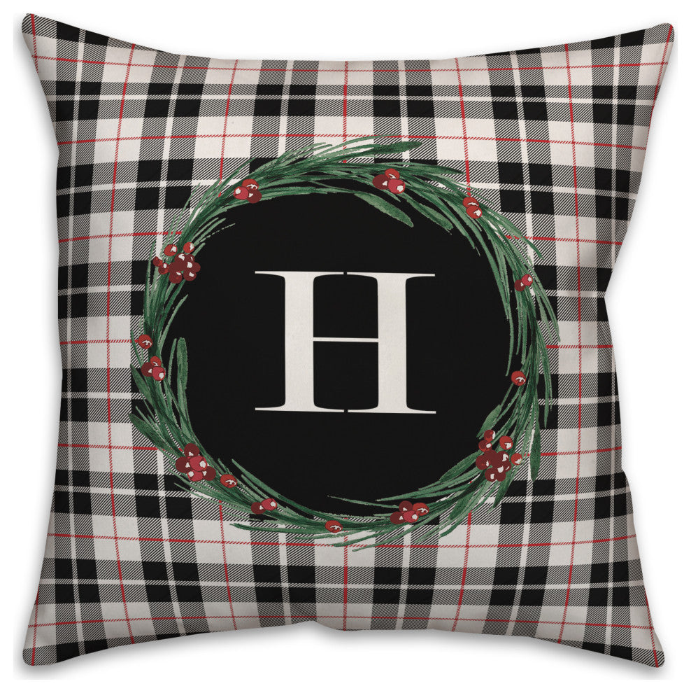 Black Plaid Monogram Wreath H 18x18 Spun Poly Pillow