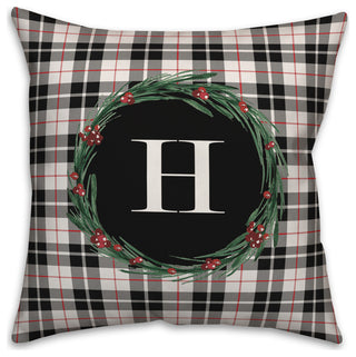 Black Plaid Monogram Wreath H 18x18 Spun Poly Pillow