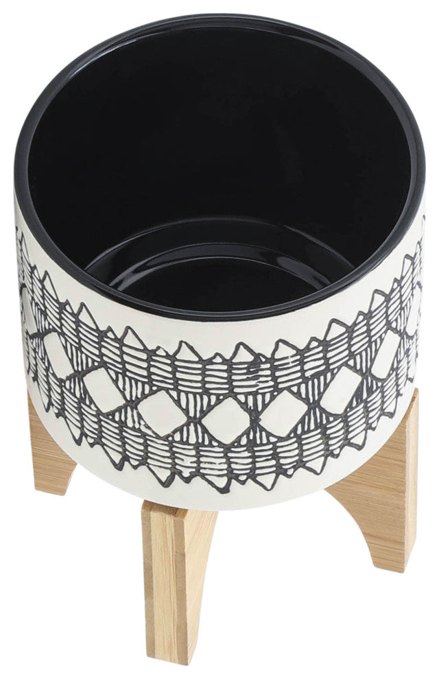 Cer 2-Piece Set Aztec Planter On Wooden Stand, Gray
