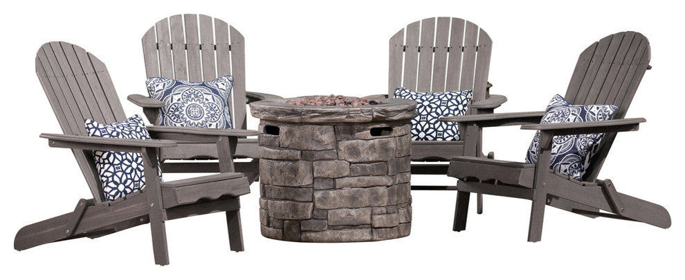 GDF Studio 5-Piece David Outdoor Adirondack Chair Set With Fire Pit, Dark Gray