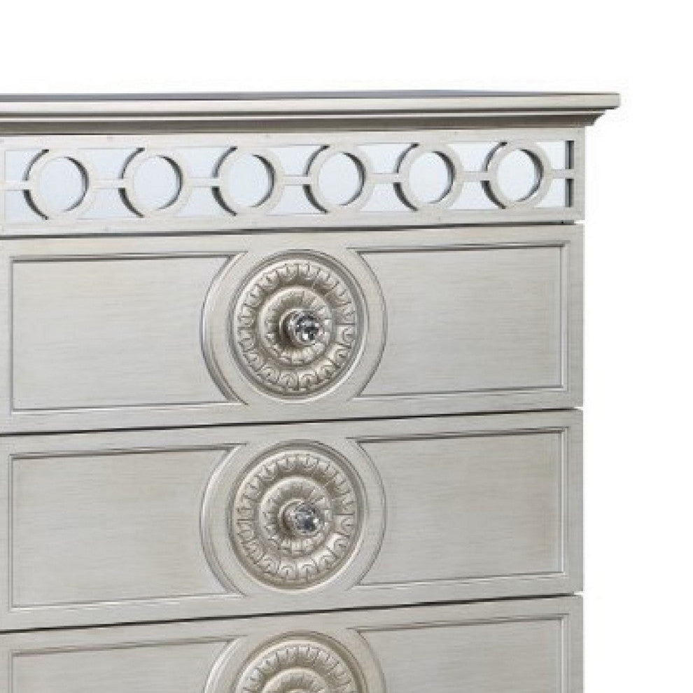 Benzara BM275684 Modern Tall Dresser Chest With 5 Drawers, Round Knobs, Silver